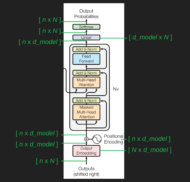 Matrix shapes throughout the transformer model