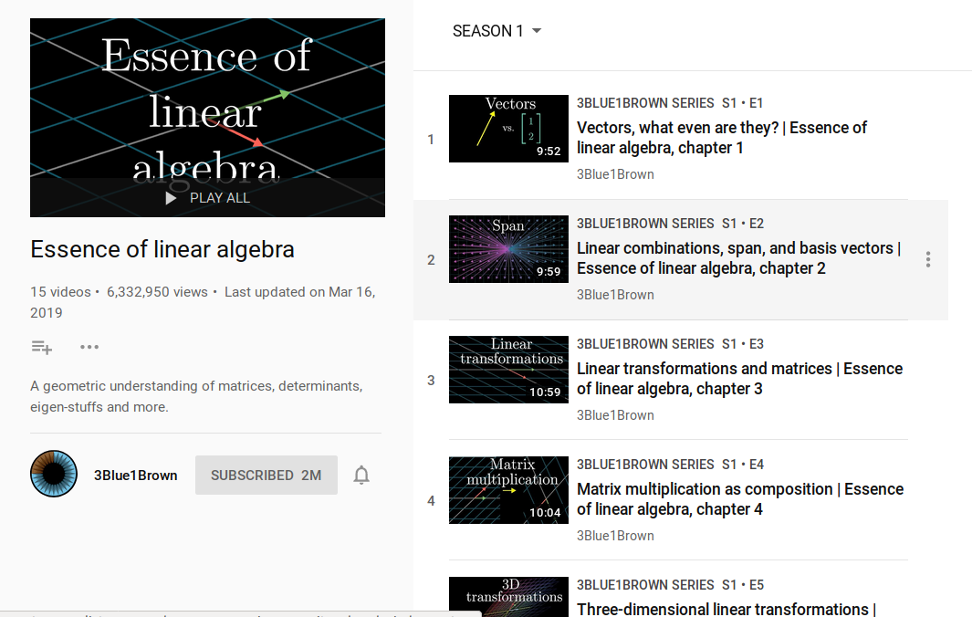 3 Blue 1 Brown You Tube playlist for linear algebra course